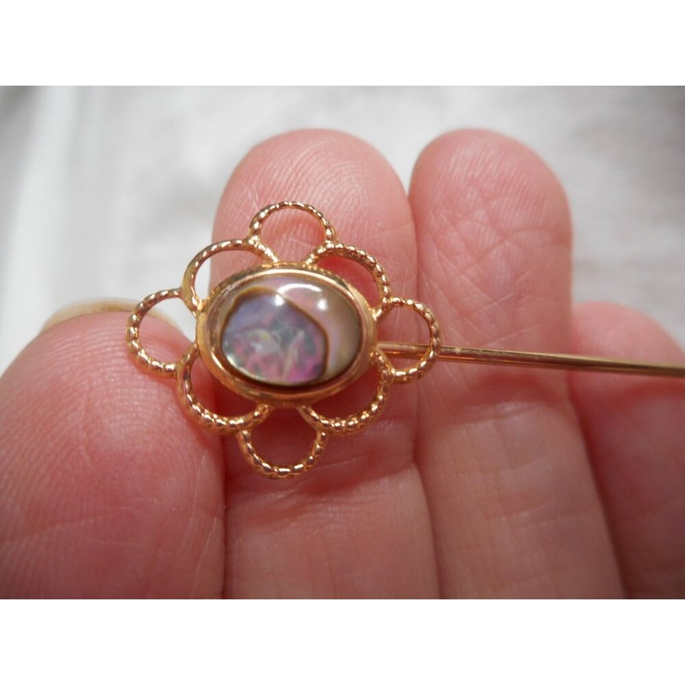 Vtg 1980s Stick Pin Abalone Opal Gold Tone Hat Lapel Estate Brooch costume - Picture 2 of 2